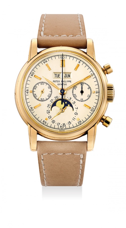 Lot 368 , Patek Philippe. A very rare and possibly unique pink gold perpetual calendar chronograph wristwatch with moon phases, ref 2499